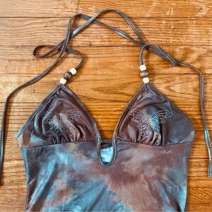 Y2K BEADED RHINESTONE BUTTERFLY TIE-DYE MINI HALTER DRESS